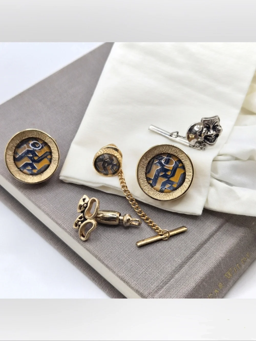 Vintage Gold Cufflinks Tie Tack Retro Elcectic Grandpa Mid Century Geometric